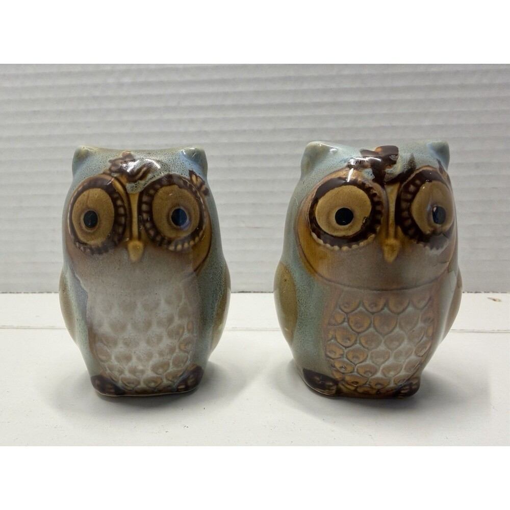 Cute Pair Of Owls SALT AND PEPPER SHAKERS, Teal And Brown Ceramic